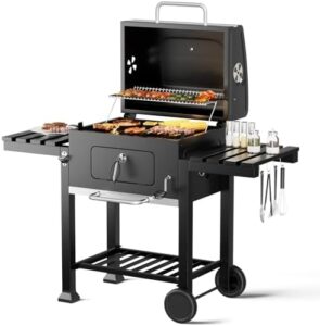 Discover the ultimate outdoor BBQ experience with the DKIEI grill, featuring XXL portability, wheels & 2 folding tables, thermometer and adjustable charcoal pan. Perfect for parties and home cooking!
