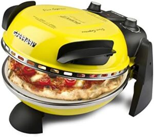 Delightful meals in minutes with the G3 Ferrari G10006 Delizia Express Pizza Oven. Cooks up to 12" pizzas quickly and evenly at 1200W, featuring a stainless steel construction and vibrant yellow design.