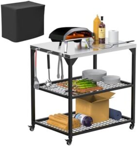 Here is the generated SEO meta description:

"Perfect for outdoor cooking enthusiasts, this 31x24x35 inch grill cart features 3 shelves and a pizza oven table. Includes dustproof waterproof cover."