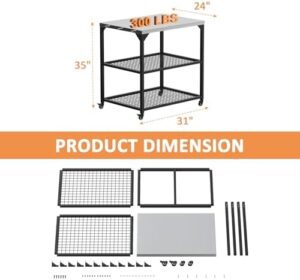 Here is the generated SEO meta description:

"Perfect for outdoor cooking enthusiasts, this 31x24x35 inch grill cart features 3 shelves and a pizza oven table. Includes dustproof waterproof cover."