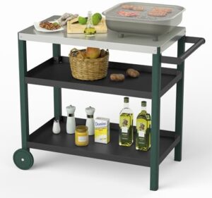 Get the party started with this KOVERS Movable Pizza Oven Trolley, featuring a stainless steel metal top and multiple compartments for outdoor food prep and dining. Perfect for patio, backyard or garden use.