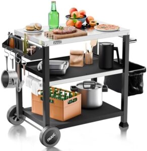 Here is the optimized SEO meta description:

"Elevate your outdoor dining experience with this 3-shelf grill cart featuring a stainless steel top, movable pizza oven table and rolling design for effortless food prep. Perfect for kitchen worktables on wheels."