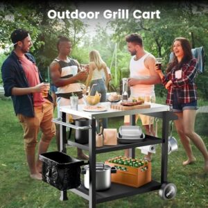 Here is the optimized SEO meta description:

"Elevate your outdoor dining experience with this 3-shelf grill cart featuring a stainless steel top, movable pizza oven table and rolling design for effortless food prep. Perfect for kitchen worktables on wheels."