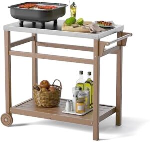 Here is the generated SEO meta description:

"Transform your outdoor dining experience with the TORVA Prep Cart, featuring a double-shelf design and wood color finish. Perfect for pizza oven and patio grilling needs. Enjoy 20% off this BBQ grill cart!"