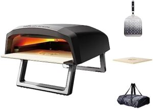 "Master your pizza party with the MasterPro Gas Pizza Oven, featuring carbon steel construction, a stone pizza tray, and weatherproof carry bag. Perfect for outdoor use, this 12-inch oven includes a pizza peeler and is ready to get your party started!"