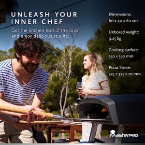 "Master your pizza party with the MasterPro Gas Pizza Oven, featuring carbon steel construction, a stone pizza tray, and weatherproof carry bag. Perfect for outdoor use, this 12-inch oven includes a pizza peeler and is ready to get your party started!"