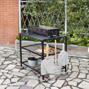 Elevate your outdoor gatherings with this stainless steel food prep and grill table, featuring a pizza oven stand and cart on wheels, perfect for medium-sized spaces, measuring 80x60x90cm.