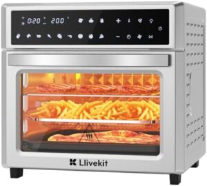 Experience the ultimate in air frying with LLIVEKIT's 26L Air Fryer Oven, featuring a 12-in-1 LED display and rotisserie function. Perfect for large families or groups, this stainless steel oven includes 7 accessories and reaches temperatures of up to 230°C. Save big on your purchase today!