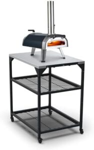 Discover the Ooni Medium Modular Table - a stainless steel pizza oven stand with grill & barbecue capabilities. Perfect for outdoor cooking, this cart features a compact 31x22x35 inch design.