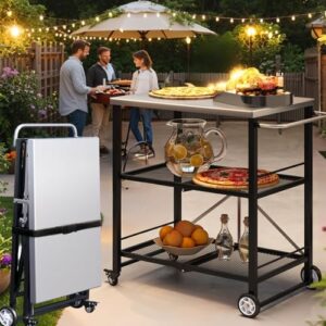 Here is the meta description:

"Transform your outdoor dining with the YODOLLA Foldable Stainless Pizza Oven Table. Three-shelf trolley and movable design for easy BBQing, perfect for garden parties and gatherings."
