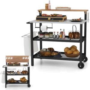 Enhance your outdoor dining experience with the COSTWAY Outdoor Grill Dining Cart, featuring 4 shelves, a movable pizza oven table, and foldable handle for effortless portability. Perfect for backyard BBQs and patio gatherings!
