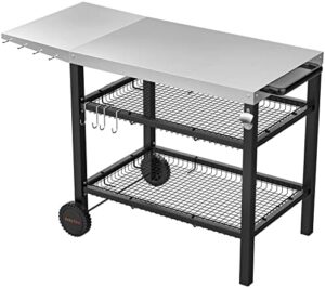 Discover the Onlyfire Heavy Duty BBQ Trolley, featuring a stainless steel flattop worktable, side table, and two-layer steel basket. Perfect for food prep, with utensil holder included.