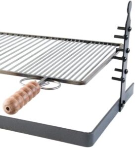 "Boost your outdoor cooking with this adjustable height barbecue grille and support stand, perfect for small to medium-sized spaces. Ideal for camping trips or backyard gatherings."