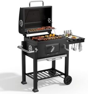 Discover the ultimate portable barbecue grill with wheels and folding table. Perfect for outdoor gatherings, this charcoal BBQ features a warming rack, thermometer, and adjustable pan for effortless cooking.