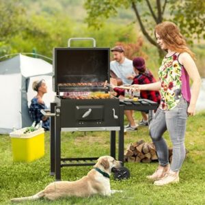 Discover the ultimate portable barbecue grill with wheels and folding table. Perfect for outdoor gatherings, this charcoal BBQ features a warming rack, thermometer, and adjustable pan for effortless cooking.