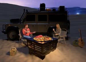 Here is the meta description:

"Enjoy a smokeless campfire experience with the Fire Beauty Bonfire stove, featuring a stand, ash pan, cooking grate, and poker. Perfect for camping or backyard gatherings, this 23x17 portable firepit weighs 28.6lbs."