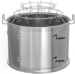 "Transform your Weber 57cm kettle grill with the Stainless Steel Smoking Chamber Middle Cooking System, featuring a ring and bacon hanger rack kit. Elevate your BBQ game with improved smoke flavor and versatility."