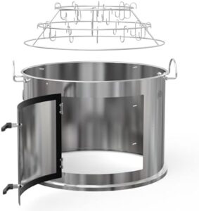 "Transform your Weber 57cm kettle grill with the Stainless Steel Smoking Chamber Middle Cooking System, featuring a ring and bacon hanger rack kit. Elevate your BBQ game with improved smoke flavor and versatility."