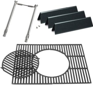 "Upgrade your Weber Spirit 210 Series grill with our replacement parts kit, featuring front burner buttons, flavorizer bars and stainless steel burner pipe, ideal for cooking enthusiasts seeking enhanced performance."