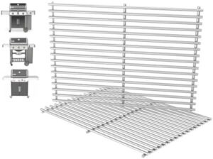 "Upgrade your grill game with the NS802 stainless steel cooking grate set for Weber Genesis II & LX 300 series gas grills. Perfect for even heat distribution, durable and easy to clean."
