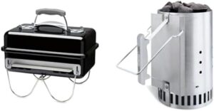 "Upgrade your outdoor gatherings with the Go-anywhere Portable BBQ, featuring a robust black design and included chimney starter for effortless grilling. Perfect for camping trips or backyard BBQs."
