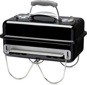 "Upgrade your outdoor gatherings with the Go-anywhere Portable BBQ, featuring a robust black design and included chimney starter for effortless grilling. Perfect for camping trips or backyard BBQs."