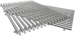 Upgrade your outdoor cooking experience with the #304 Stainless Steel Cooking Grate, replacement for Weber Spirit 300 Series, perfect for Genesis Silver B/C and Platinum B/C models, dimensions 17.3x11.8x0.5 cm.
