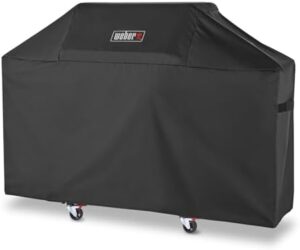 Protect your outdoor grill with the Genesis II 300 Series Polyester Cover, featuring weather-resistant material and fastening straps. Perfect for Weber gas grills, this cover ensures long-lasting protection.