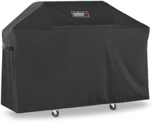 Protect your outdoor grill with the Genesis II 300 Series Polyester Cover, featuring weather-resistant material and fastening straps. Perfect for Weber gas grills, this cover ensures long-lasting protection.