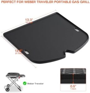 Here is the meta description:

"Upgrade your outdoor cooking with this reversible cast iron griddle for Weber Traveler, perfect for grilled meals. No more stuck-on food, easy cleaning and durable construction."