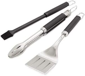 Here is the meta description:

"Upgrade your grilling experience with this premium 3-piece BBQ tool set, featuring stainless steel tongs, spatula and baster. Includes large-extra large heat-resistant gloves for comfortable cooking."