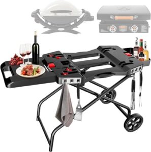 Here is the meta description:

"Upgrade your outdoor cooking experience with this portable grill trolley featuring wheels, ideal for Weber Q1200, Q1000 and Blackstone 43cm & 56cm table grills. Foldable design perfect for storage."