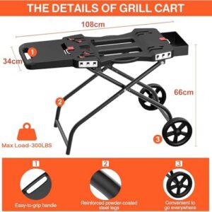 Here is the meta description:

"Upgrade your outdoor cooking experience with this portable grill trolley featuring wheels, ideal for Weber Q1200, Q1000 and Blackstone 43cm & 56cm table grills. Foldable design perfect for storage."