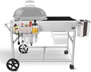Perfect your outdoor grilling experience with the Weber Kettle Grill Stand, a premium charcoal cart with lid holder and tool storage, compatible with 18" & 22" Weber Original Kettles.