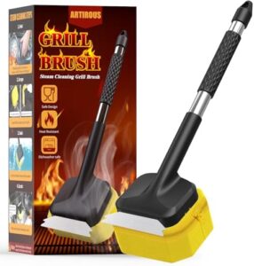 Elevate your grilling game with the Bristle-Free Steam Cleaning Grill Brush, safe for all grill & griddle surfaces. Heat-resistant head and perfect BBQ gift for men!