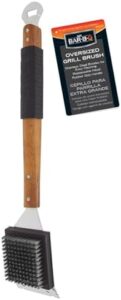 Elevate your grilling experience with the Mr. Bar-B-Q 06065SSX oversized grill brush featuring a rubber grip and finger design, ideal for scraping burnt food residue.