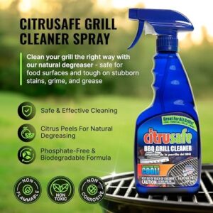 Clean your grill with ease using the Citrusafe Complete Grill Cleaning Kit. Includes spray cleaner, scrubber pack, nylon brush, cookbox scraper and microfiber towel for perfect BBQ results.