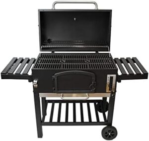 Portable BBQ smoker for outdoor use, charcoal barbecues with stainless steel construction, adjustable thermometer, side shelves, and hooks. Perfect for patios or gardens.