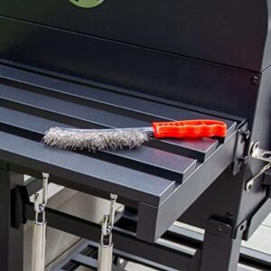 Portable BBQ smoker for outdoor use, charcoal barbecues with stainless steel construction, adjustable thermometer, side shelves, and hooks. Perfect for patios or gardens.