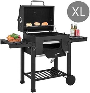 Here is the optimized SEO meta description:

"Upgrade your outdoor cooking with this XL BBQ grill trolley featuring a black finish and adjustable height. Perfect for patio barbecues, smokers, and heating."