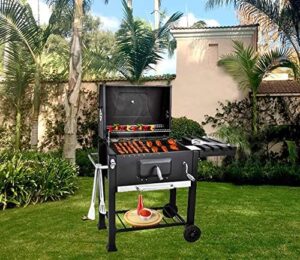 Here is the optimized SEO meta description:

"Upgrade your outdoor cooking with this XL BBQ grill trolley featuring a black finish and adjustable height. Perfect for patio barbecues, smokers, and heating."