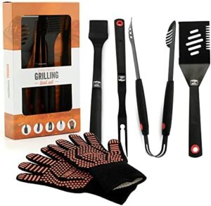 "Upgrade your outdoor cooking with Yukon Glory's Heavy Duty 5-Piece Grilling Tools Set. Includes durable stainless steel spatula, tongs, brush, grill fork and thick gloves for effortless grilling. Perfect gift set for BBQ enthusiasts!"