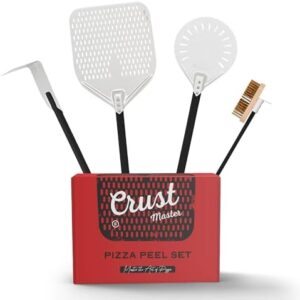 Here is the optimized SEO meta description:

"Transform your pizza nights with this comprehensive CrustMaster set, featuring a rectangular peel, round turning peel, brass brush, and ash rake. Perfect for ovens & BBQs, these aluminum & stainless steel tools ensure flawless cooking every time."