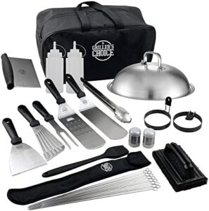 Get the perfect grilling experience with Grillers Choice Griddle Accessories Set, featuring commercial-grade stainless steel spatulas for flat top, grill, indoor-outdoor, and Hibachi use. Perfect BBQ utensils designed by a chef and BBQ judge.