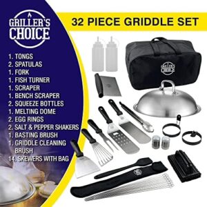 Get the perfect grilling experience with Grillers Choice Griddle Accessories Set, featuring commercial-grade stainless steel spatulas for flat top, grill, indoor-outdoor, and Hibachi use. Perfect BBQ utensils designed by a chef and BBQ judge.
