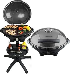 Here is the optimized SEO meta description:

"Upgrade your outdoor gatherings with this electric BBQ grill, featuring 5 temperature settings and a removable drip tray & condiment stand. Perfect for indoor & outdoor parties, enjoy healthy grilling on its non-stick surface."