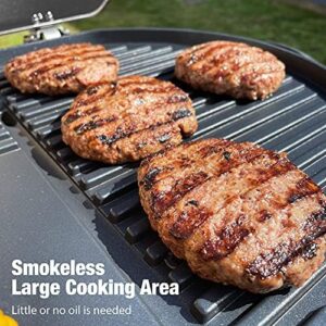 Here is the optimized SEO meta description:

"Upgrade your outdoor gatherings with this electric BBQ grill, featuring 5 temperature settings and a removable drip tray & condiment stand. Perfect for indoor & outdoor parties, enjoy healthy grilling on its non-stick surface."