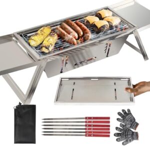 Here is the generated SEO meta description:

"Portable charcoal grill with 6 skewers and stainless steel construction for camping, BBQs and picnics. Instant assembly and includes gloves & carry bag - perfect for outdoor adventures."
