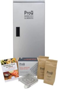 Here is the generated meta description:

"Perfect cold smoking starter set for fish, cheese, bacon and nuts. ProQ cabinet features 2 shelves and dimensions 45x26x120 cm. Unlock a world of flavors with this outdoor smoker's compact design."
