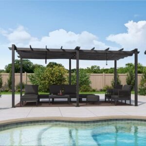 Elevate your outdoor space with the Purple Leaf metal pergola featuring a retractable roof, perfect for BBQs and patios. With dimensions 3.65 x 5.48m, create a sheltered area in grey.